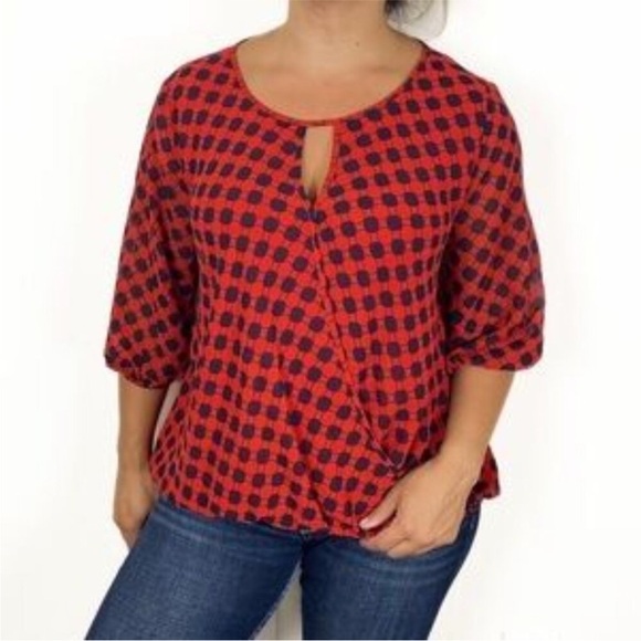 Vince Camuto Polka Dot Prep Faux Wrap V-neck Blouse Red Navy Blue Medium - Picture 1 of 16